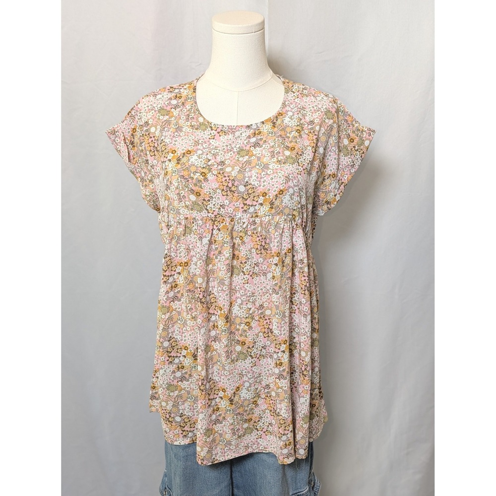 Hayden Los Angeles Floral Ruffle Hem Babydoll Blouse Pink Multi Boho Top S